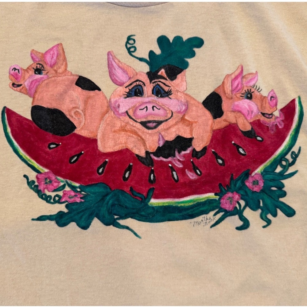 Vintage Jerzees Tan T-Shirt Hand Painted Pigs Watermelon Graphic XL Made in USA - Picture 3 of 8
